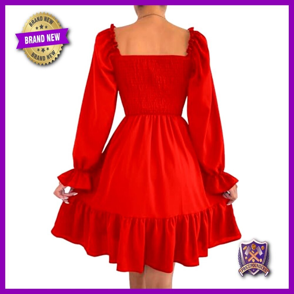 Square Neck Puff Sleeve Smocked Waist A-Line Swing Mini Dress Elegant Chic - Picture 5 of 7